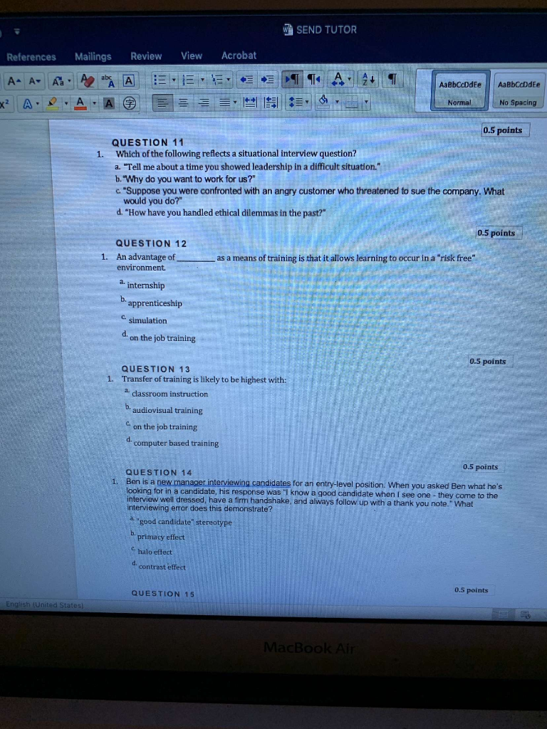 W] SEND TUTOR References Mailings Review View