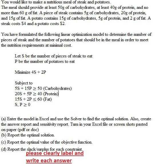 please clearly label each answer. You would like