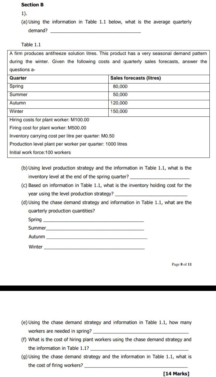 Section B 1). (a) Using the information in Table
