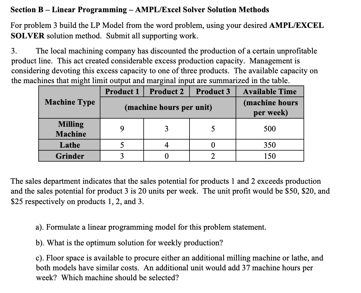 Section B - Linear Programming AMPL/Excel Solver