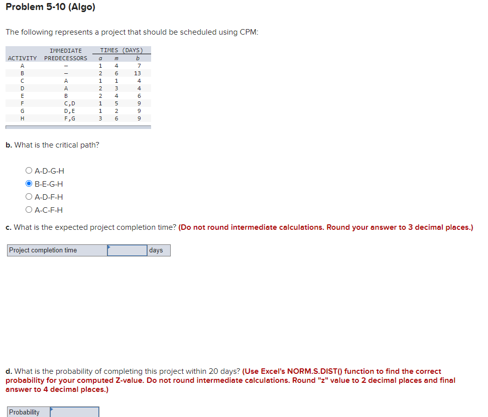 Problem 5-10 (Algo) The following represents a
