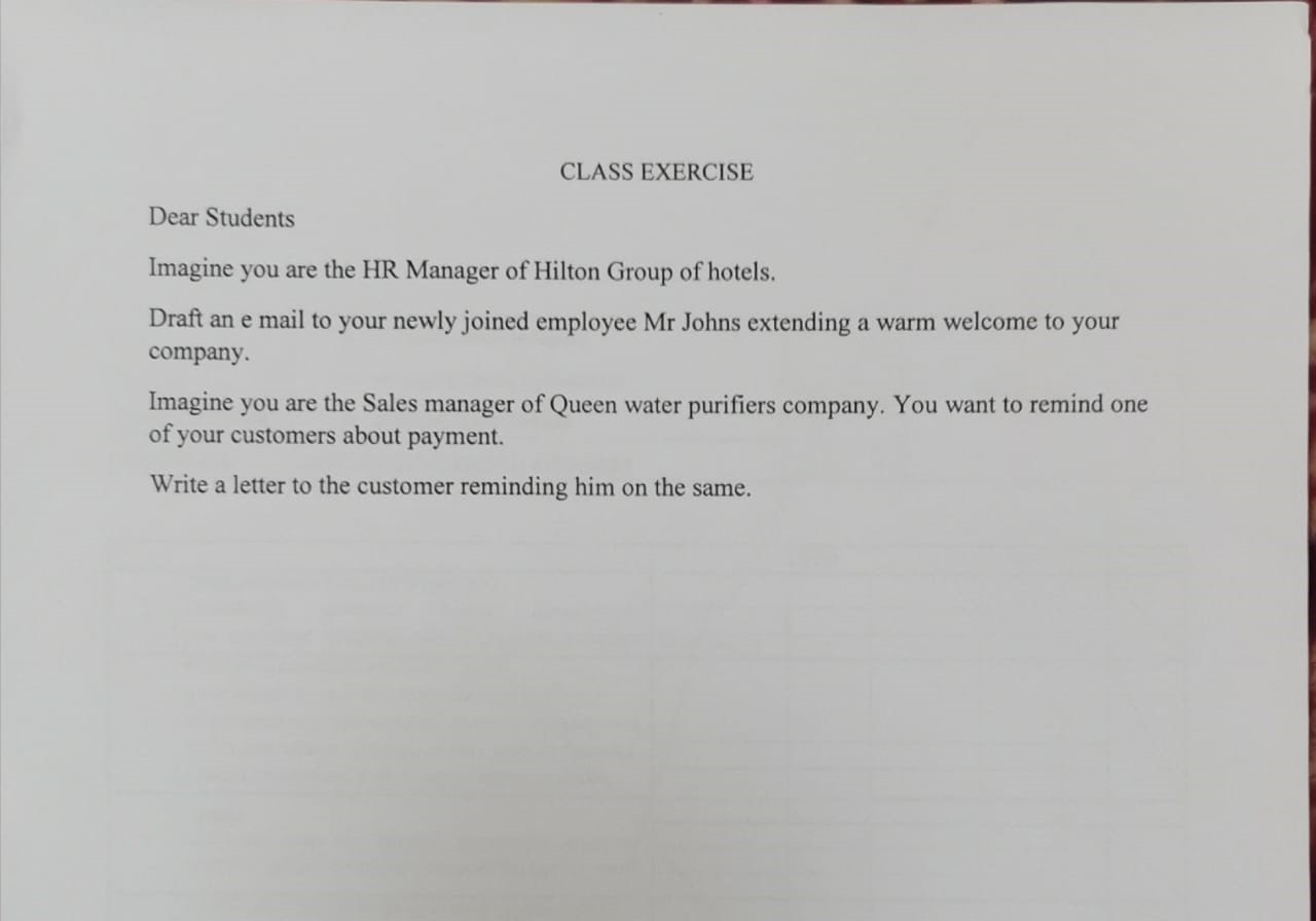 CLASS EXERCISE Dear Students Imagine you are the