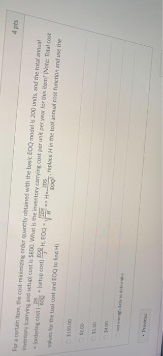 4 pts For a certain item, the cost-minimizing