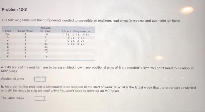Problem 12-3 The following table tists the