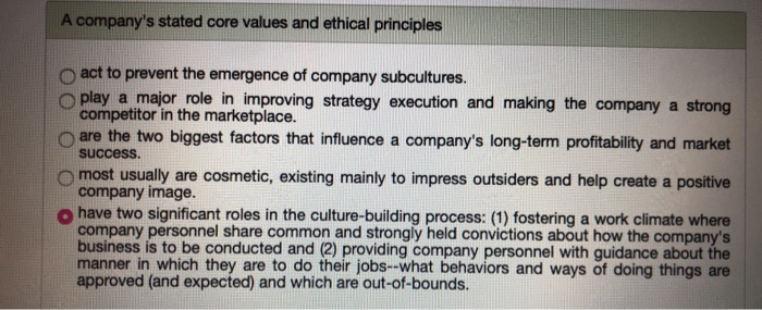 A company's stated core values and ethical