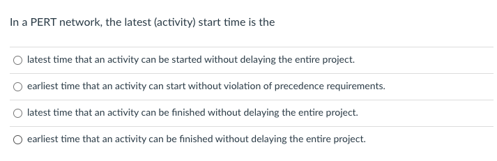 In a PERT network, the latest (activity) start