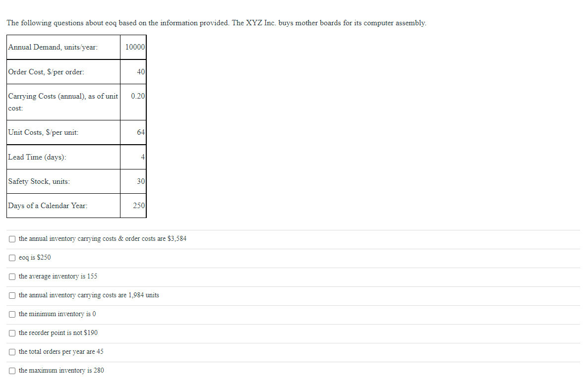 The following questions about eoq based on the