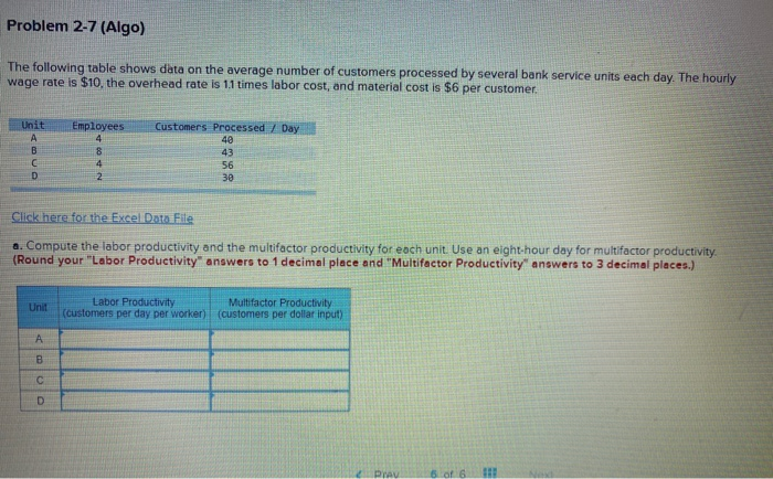 Problem 2-7 (Algo) The following table shows data