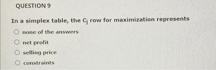 QUESTION 9 In a simplex table, the C row for