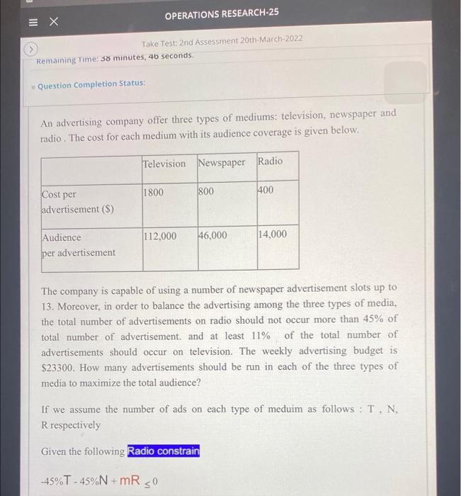 = x OPERATIONS RESEARCH-25 Take Test: 2nd