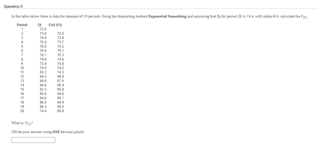 Question 9 In the table below there is data for