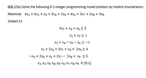 Q3) (25p) Solve the following 0-1 integer
