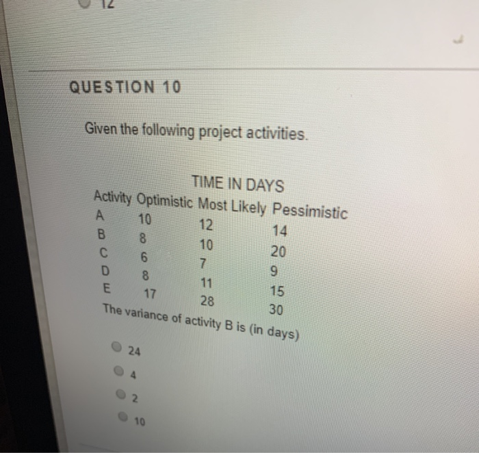 QUESTION 10 Given the following project