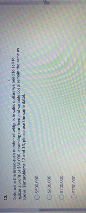 13. Determine the break-even number of widgets in