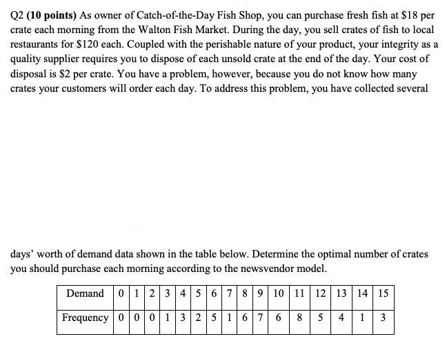 Q2 (10 points) As owner of Catch-of-the-Day Fish