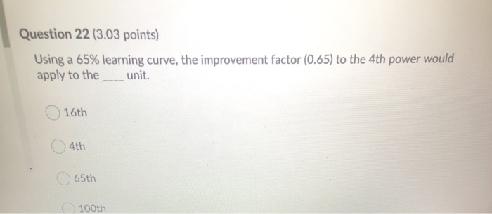 Question 22 (3.03 points) Using a 65% learning