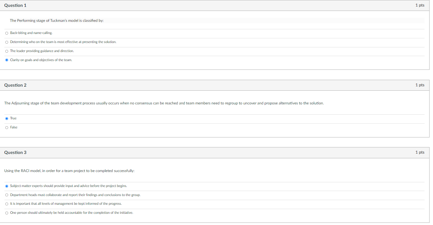 Question 1 The Performing stage of Tuckman's