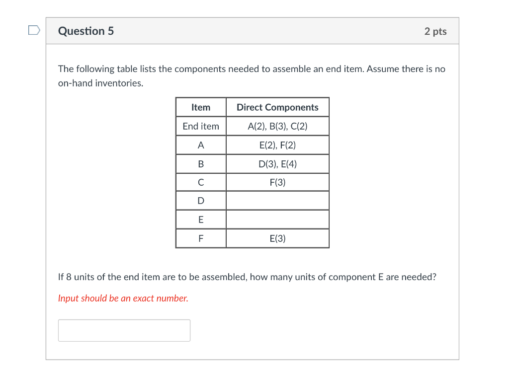 u Question 5 2 pts The following table lists the