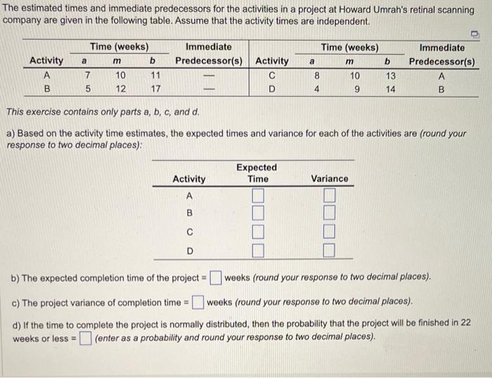 The estimated times and immediate predecessors