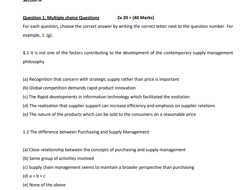 Question 1: Multiple choice Questions 2x 20 = (40