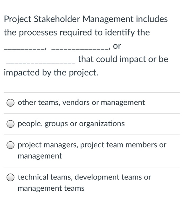 Project Stakeholder Management includes the