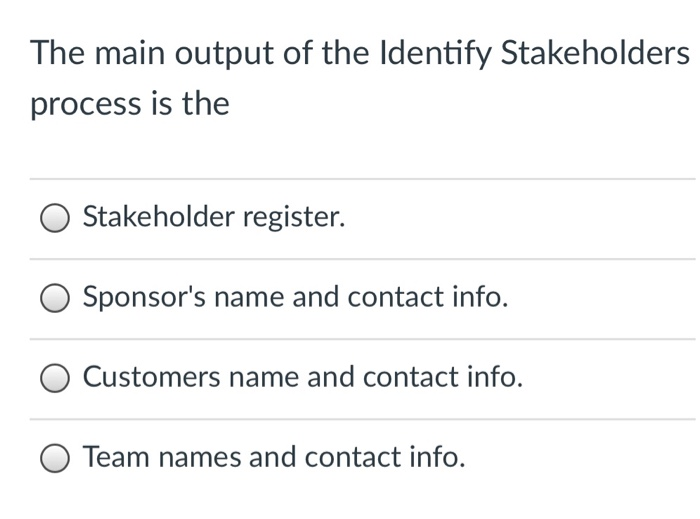 Project Stakeholder Management includes the