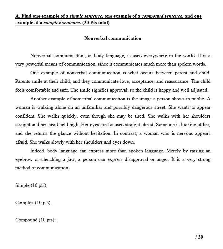 A. Find one example of a simple sentence, one