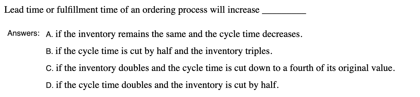 Lead time or fulfillment time of an ordering