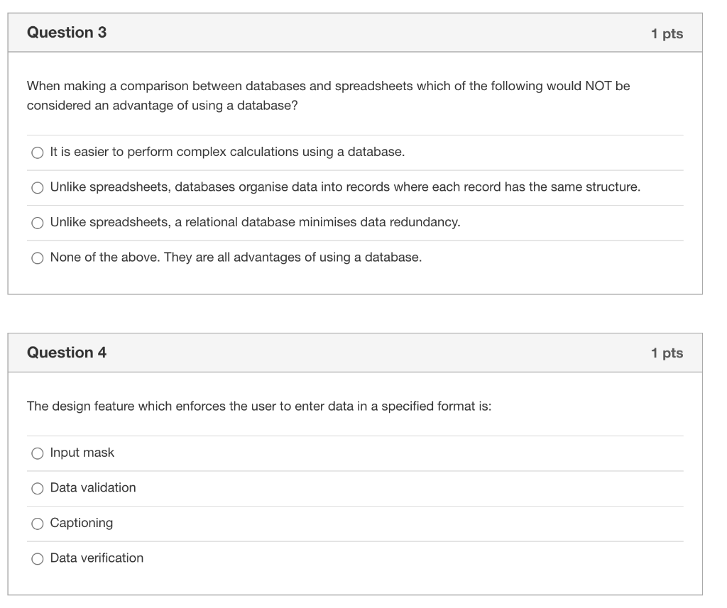Question 3 1 pts When making a comparison between