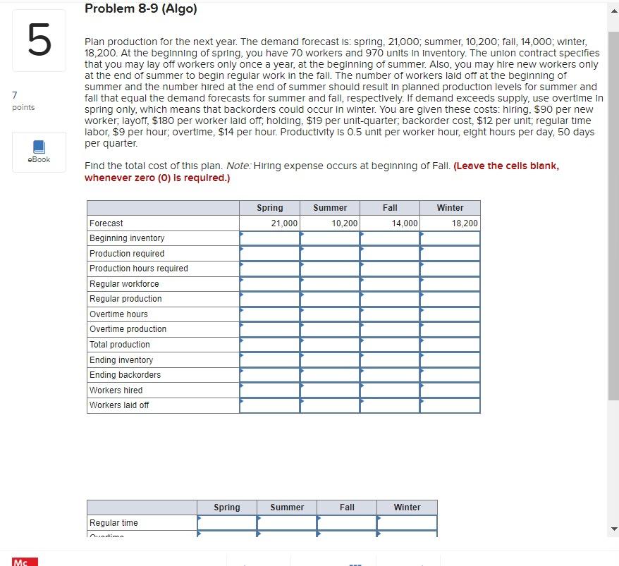 5 7 points eBook Mc Problem 8-9 (Algo) Plan