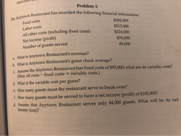 maintall The Anytown Restaurant has re Food costs