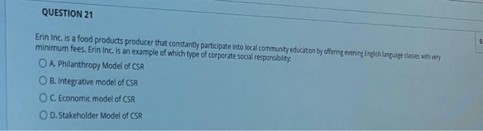 QUESTION 21 Erin Inc. is a food products producer