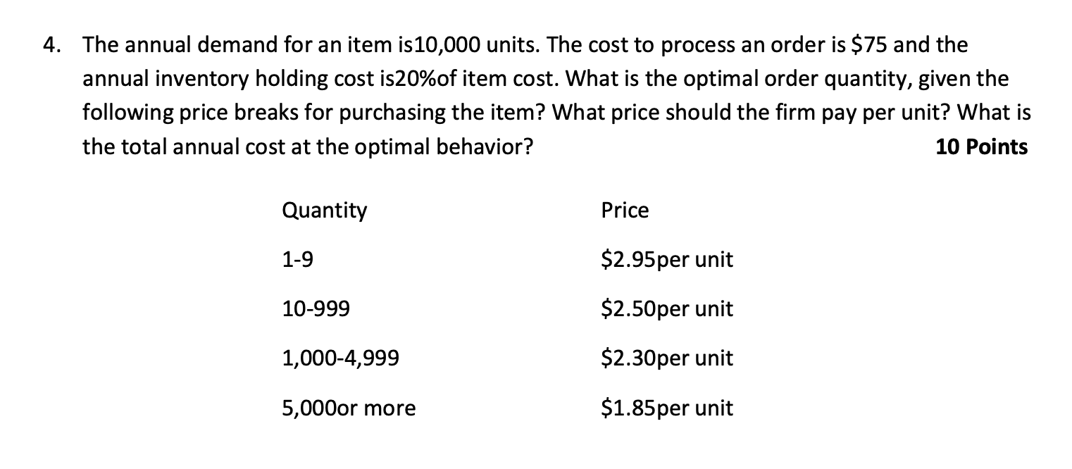 4. The annual demand for an item is 10,000 units.