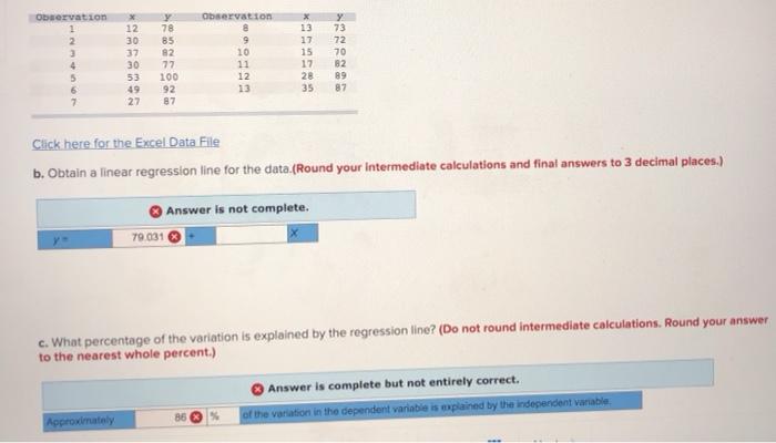 Observation x 12 30 37 30 53 49 27 y 78 85 82 77