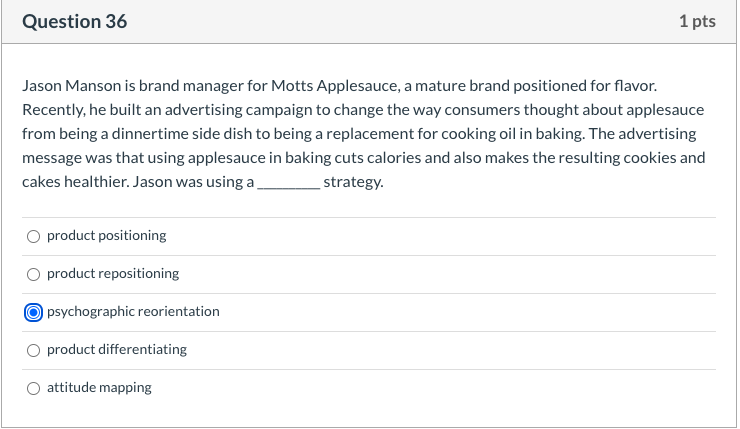 Question 36 1 pts Jason Manson is brand manager