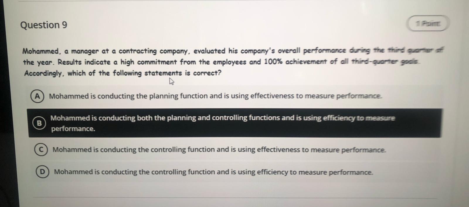 Question 9 Mohammed, a manager at a contracting