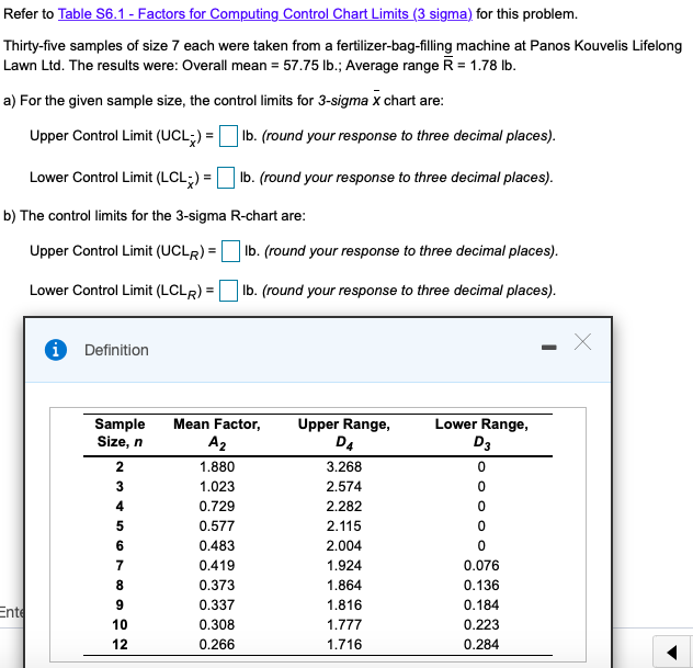 Refer to Table S6.1 - Factors for Computing