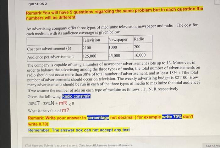 QUESTION 2 Remark: You will have 5 questions