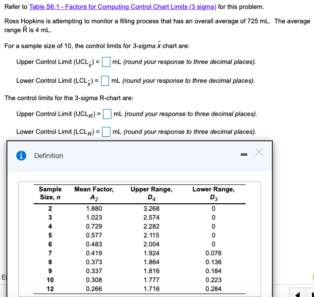 Refer to Table S6.1 - Factors for Computing