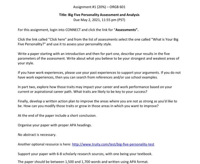 Assignment #1 (20%) - ORGB 601 Title: Big Five