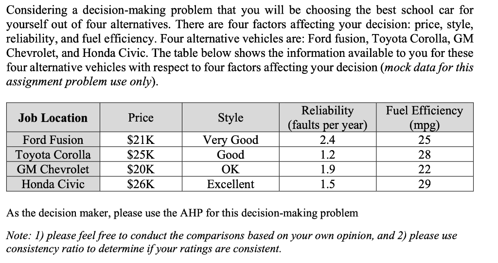 Considering a decision-making problem that you