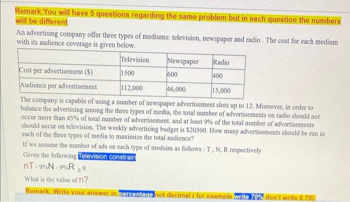 Remark:You will have 5 questions regarding the