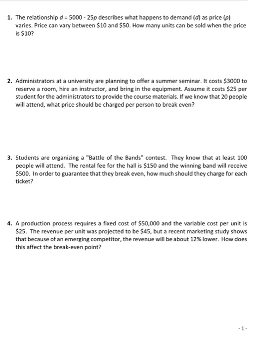 1. The relationship d = 5000 - 25p describes what
