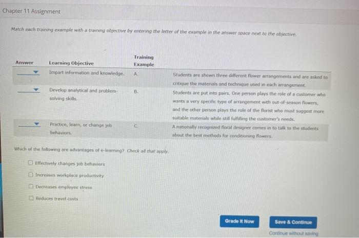 Chapter 11 Assignment Match each training example