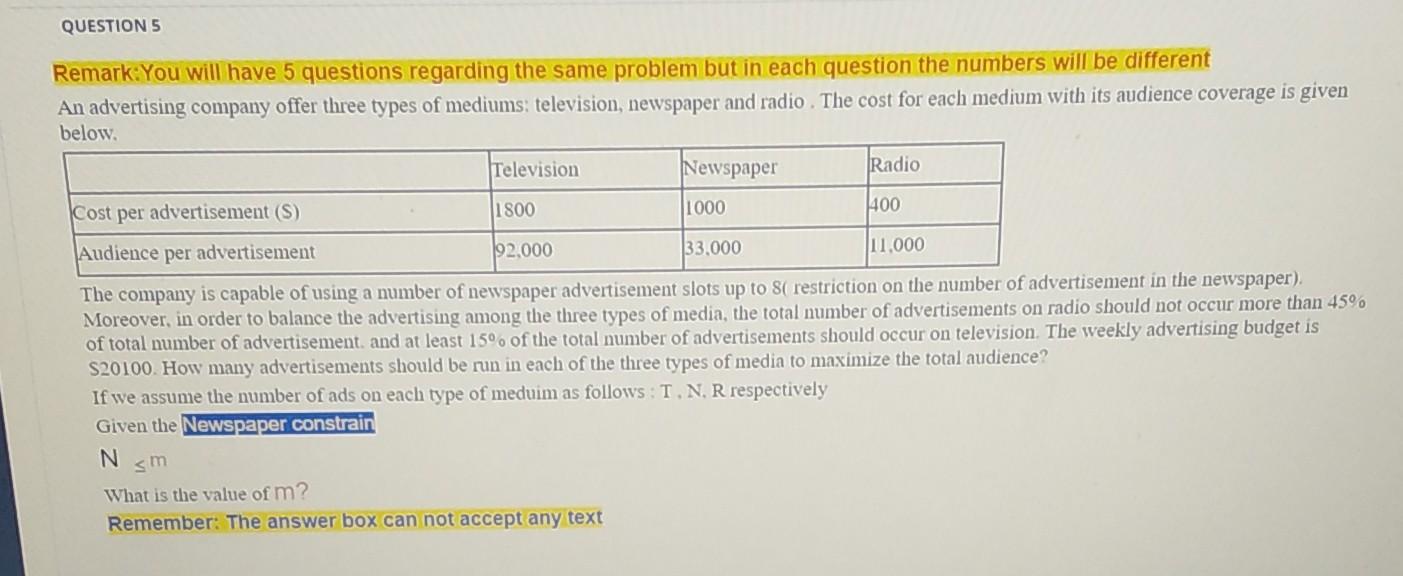 I want the answer in five minutes QUESTION 5
