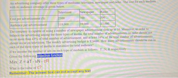An advertising company offer three types of