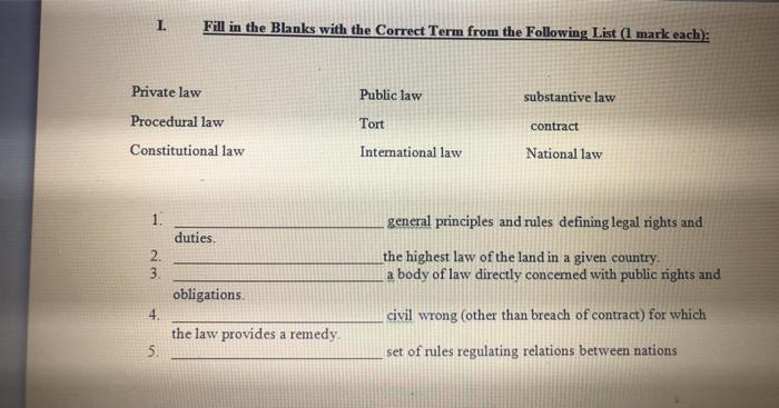 I. Fill in the Blanks with the Correct Term from