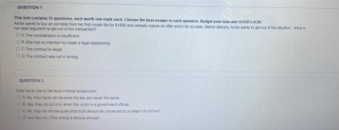 QUESTION 1 This test contains 15 questions, each