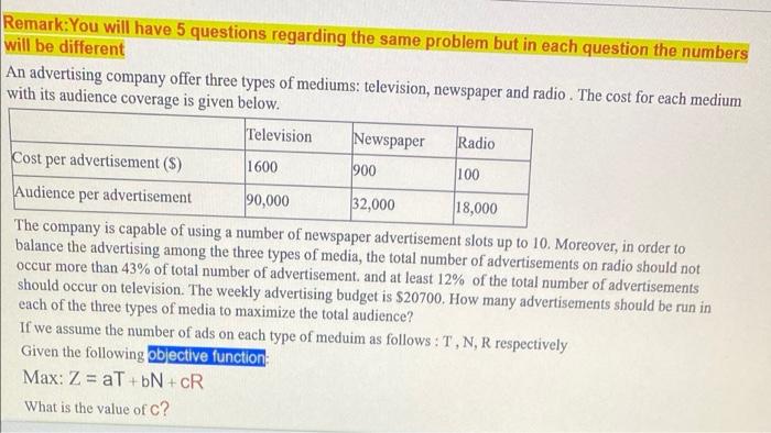 Remark:You will have 5 questions regarding the