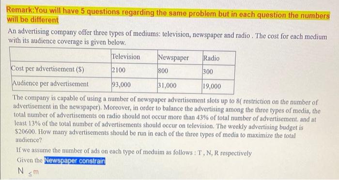 Remark:You will have 5 questions regarding the